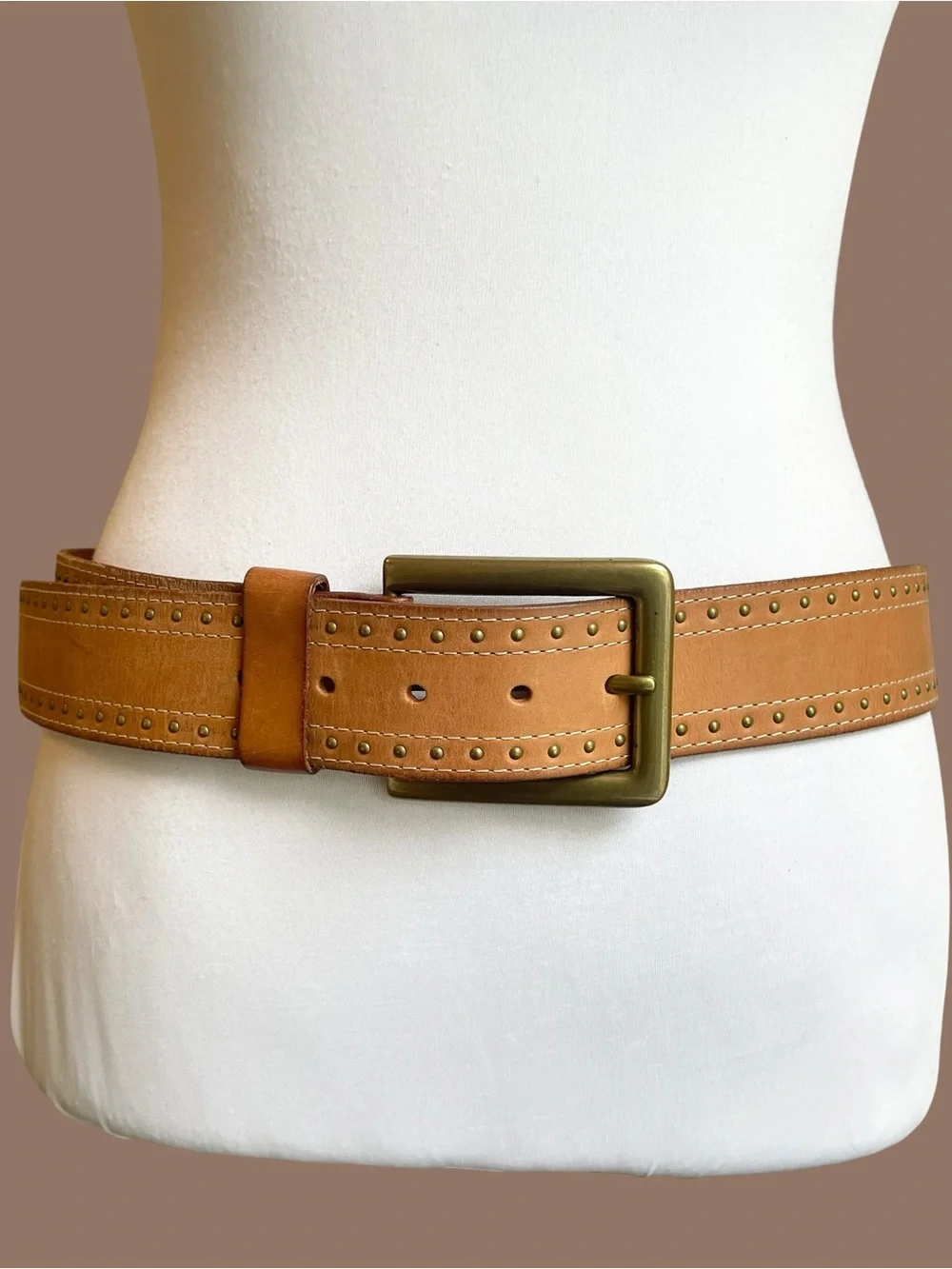 Wide Brown Leather Belt with Square Brass Buckle 90s Size S/M